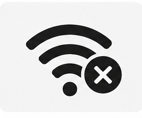 Black Wi-Fi signal icon with three curved arcs and a dot, and a circled “X” in the lower right corner, indicating no internet connection.