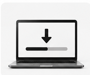 Laptop displaying a download arrow and progress bar, illustrating printer driver download, software installation, and driver updates for Windows computers.