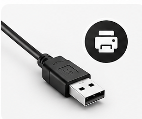 Black USB cable connector with printer icon, illustrating USB printer connection, printer setup, and troubleshooting wired printer detection issues on computers.