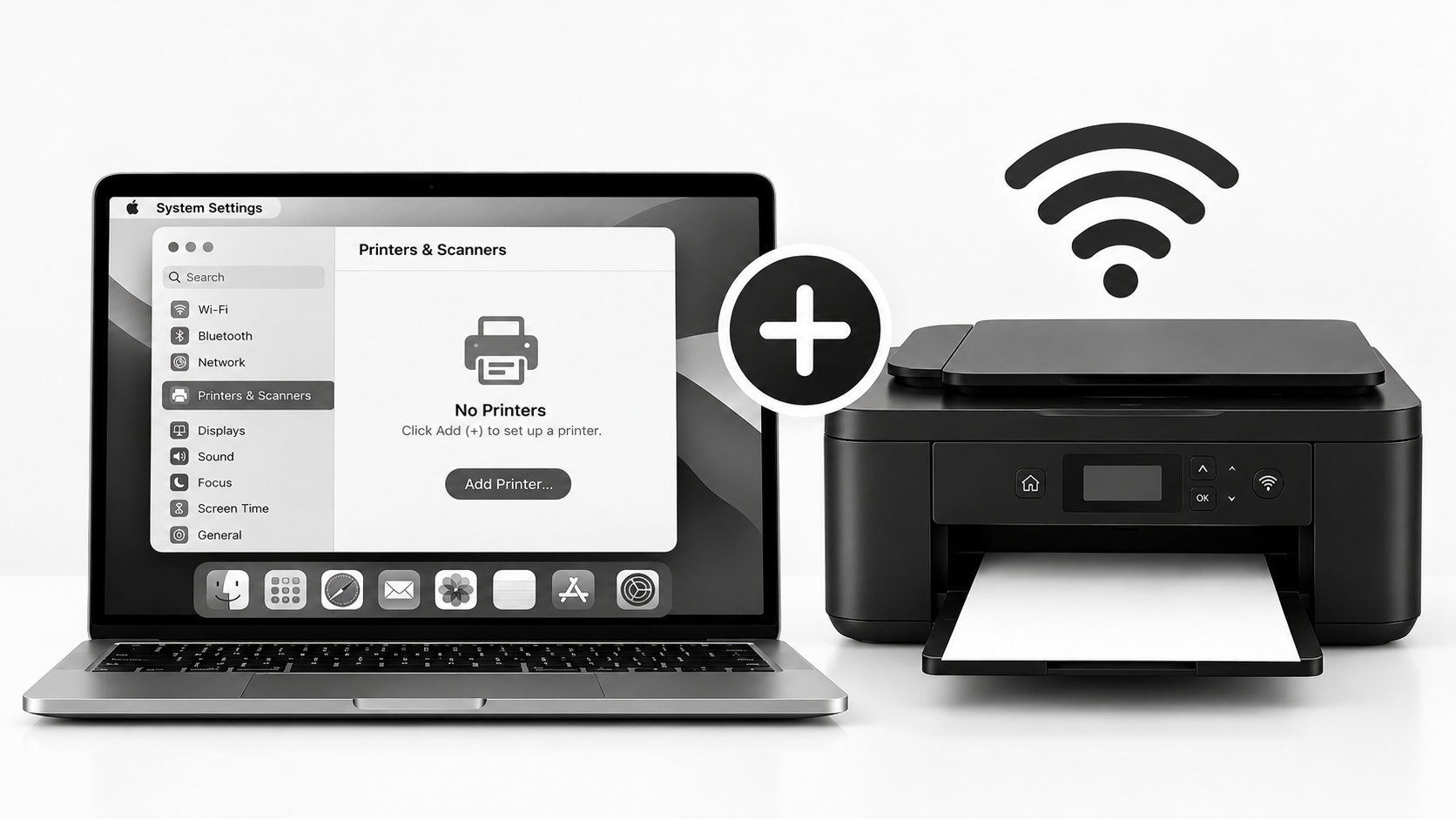 Black and white MacBook displaying Printers & Scanners settings beside a wireless printer, with Wi-Fi and add icons illustrating how to add a printer on a Mac using step-by-step setup instructions.