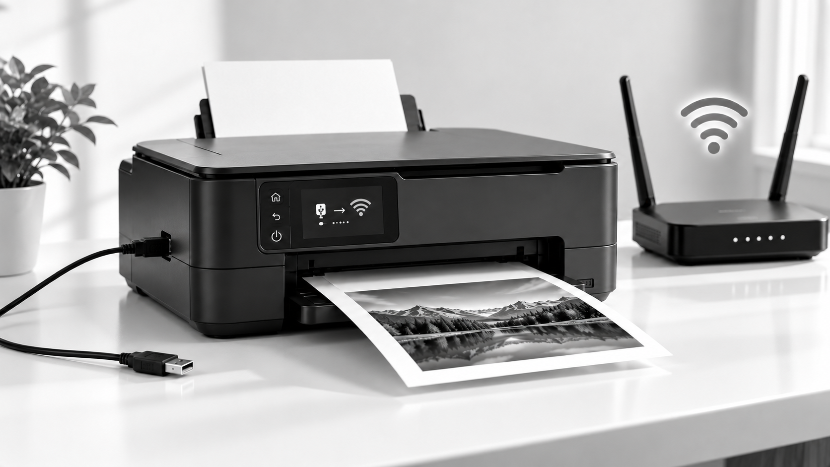 Printer switching from USB connection to Wi-Fi with a wireless router and printed test photo on a clean desk.