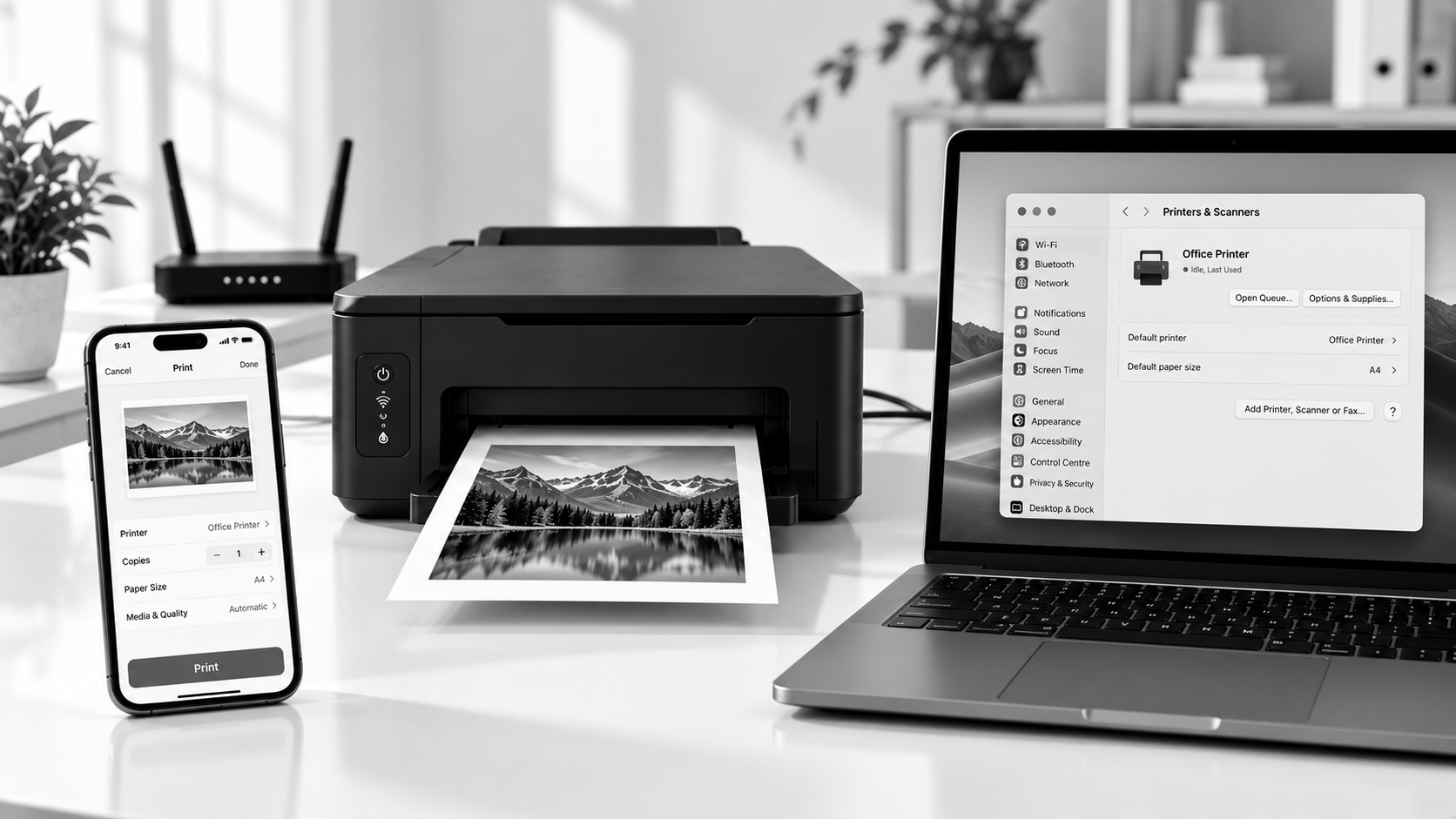 MacBook and iPhone connected to a wireless printer using AirPrint on a clean home office desk.