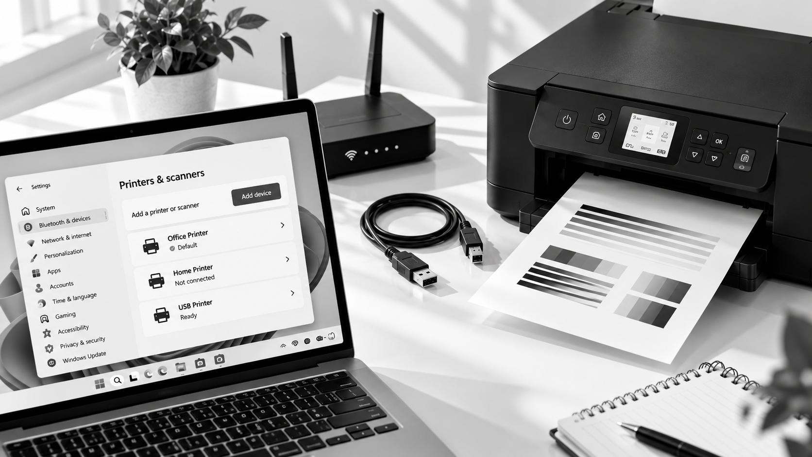 Windows 11 printer setup showing printer selection, Wi-Fi and USB connection options, and a test page printing on a clean office desk.