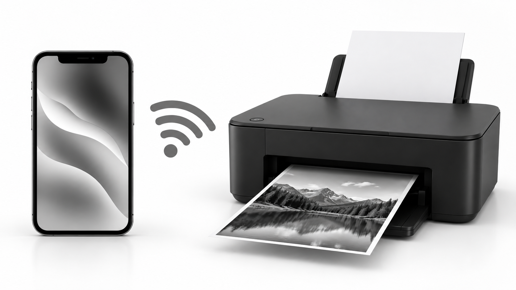 iPhone connected via Wi-Fi to a wireless printer printing a photo on a clean white background.