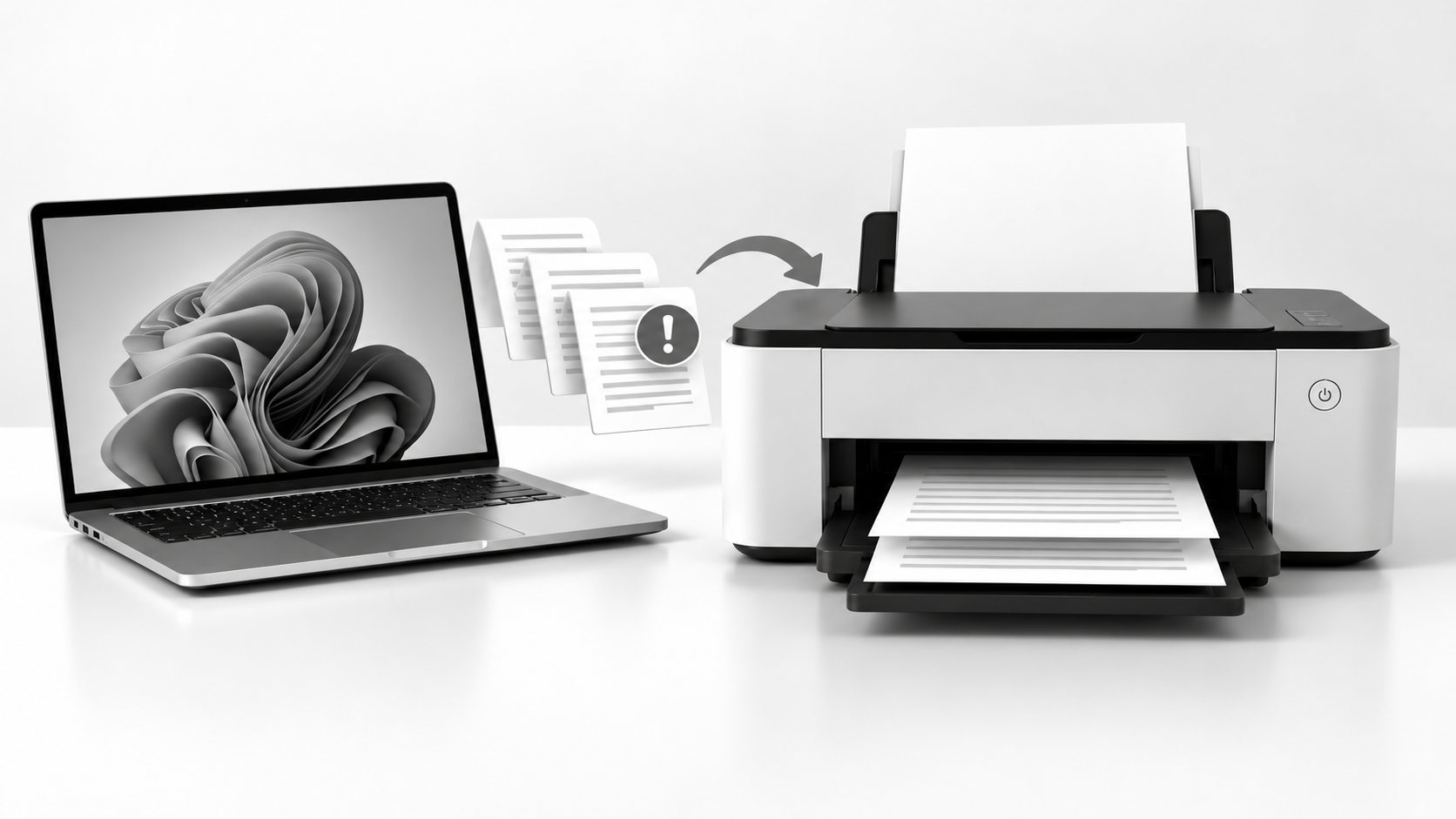 Windows 11 laptop with a stuck print queue and error icon connected to a modern printer, illustrating Print Spooler troubleshooting.