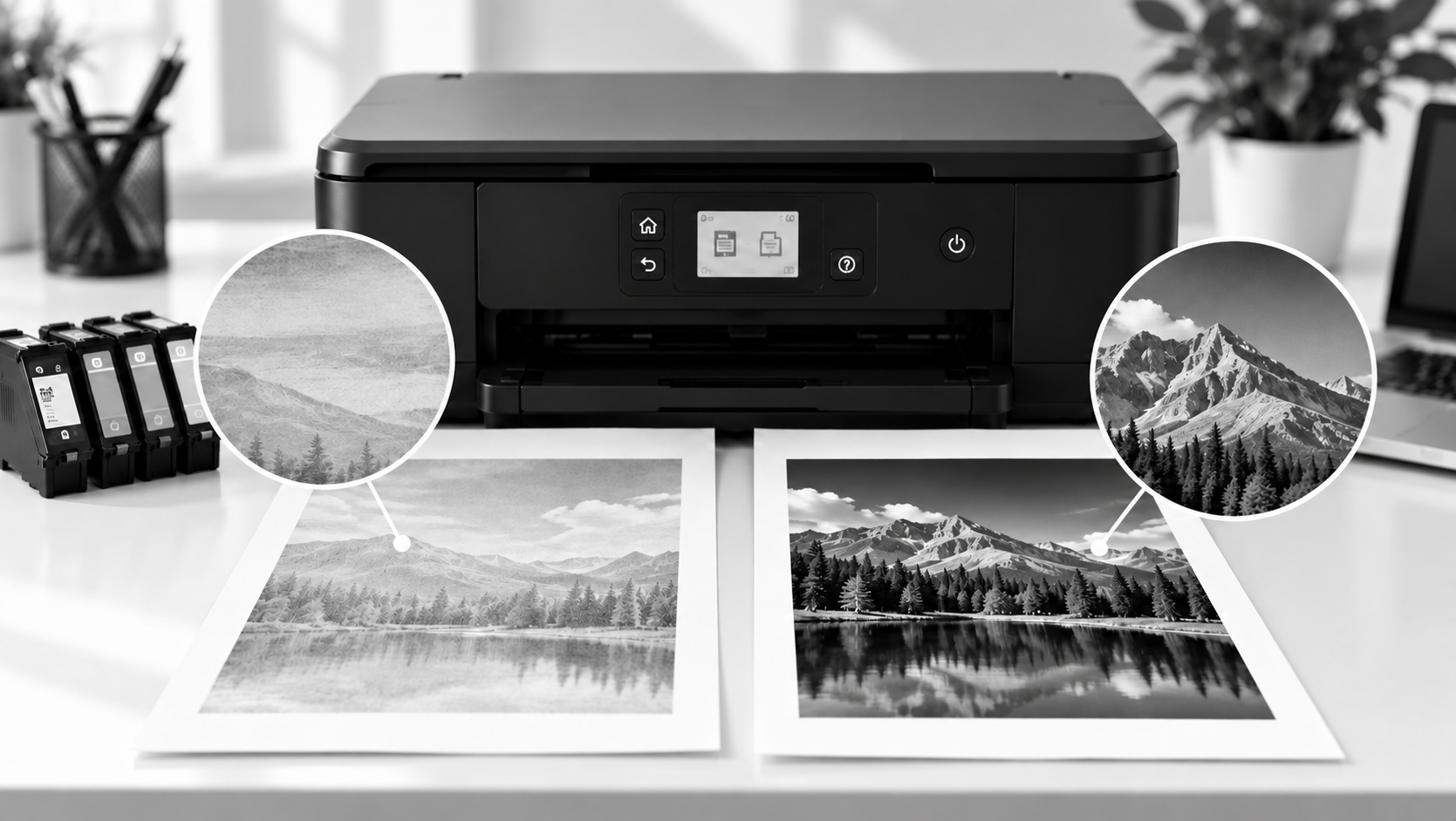 Printer printing faded pages compared with a clear, vibrant print beside ink cartridges on a clean office desk.
