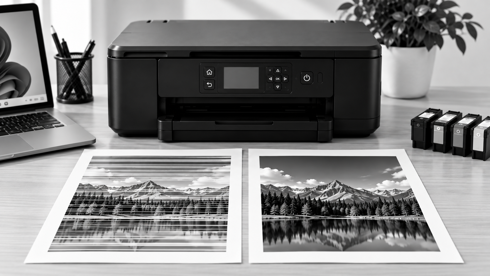 Printer printing horizontal lines compared with a clear print beside ink cartridges on a clean office desk.