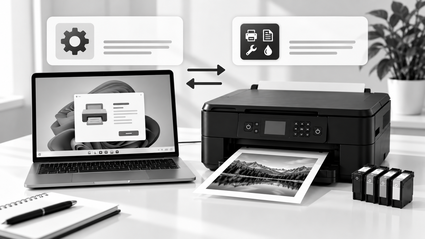 Laptop and printer connected with blue arrows, showing printer driver and software icons, with printed pages and ink cartridges on a clean office desk.