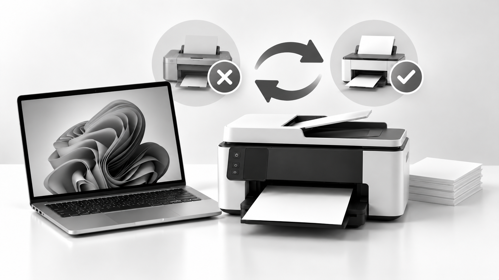 Windows 11 laptop with a printer removal and reinstallation concept, showing a printer being removed, refreshed, and successfully reinstalled.