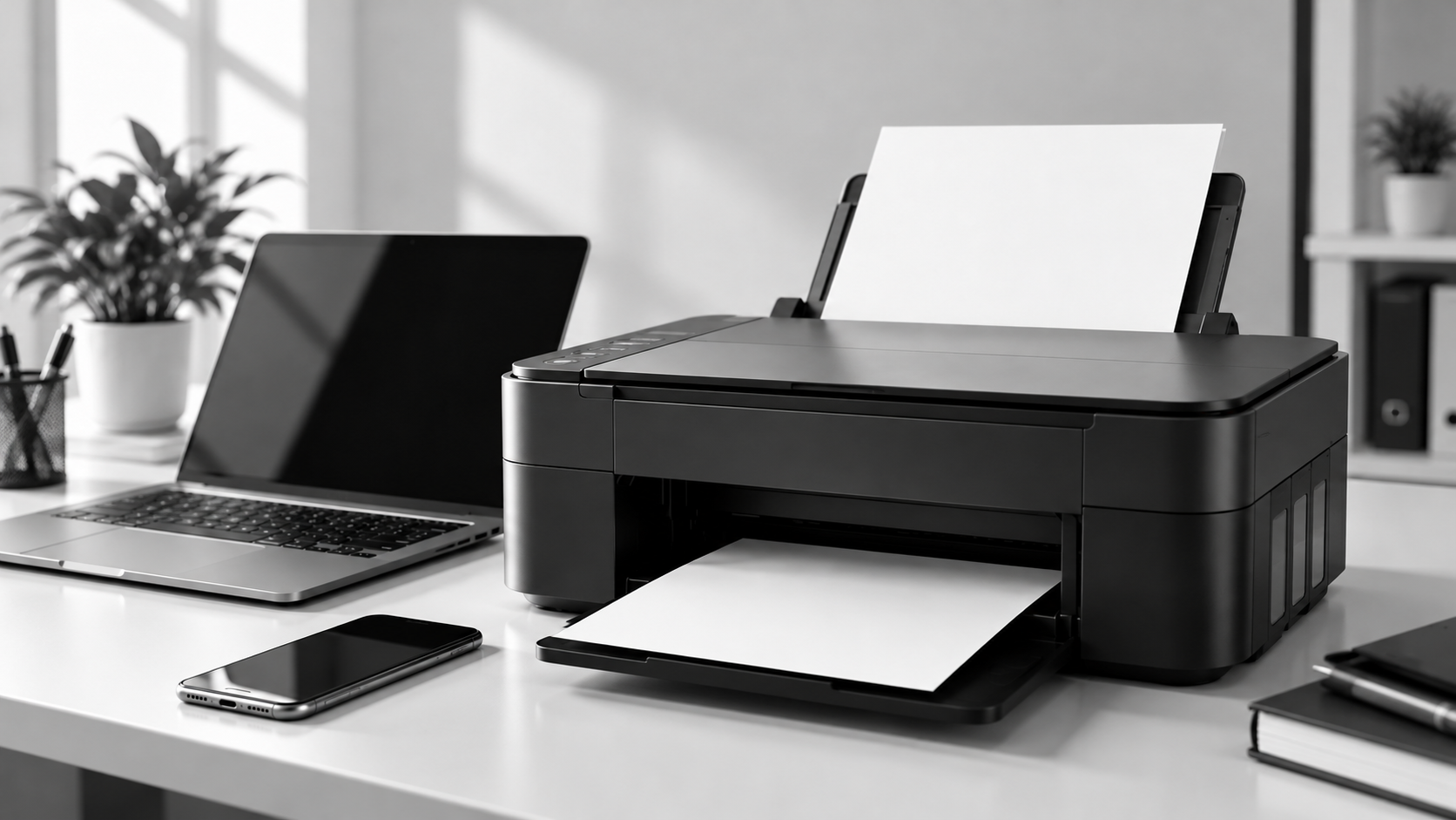 Black and white image of a modern printer with a laptop and smartphone on an office desk, illustrating printer driver installation and setup.