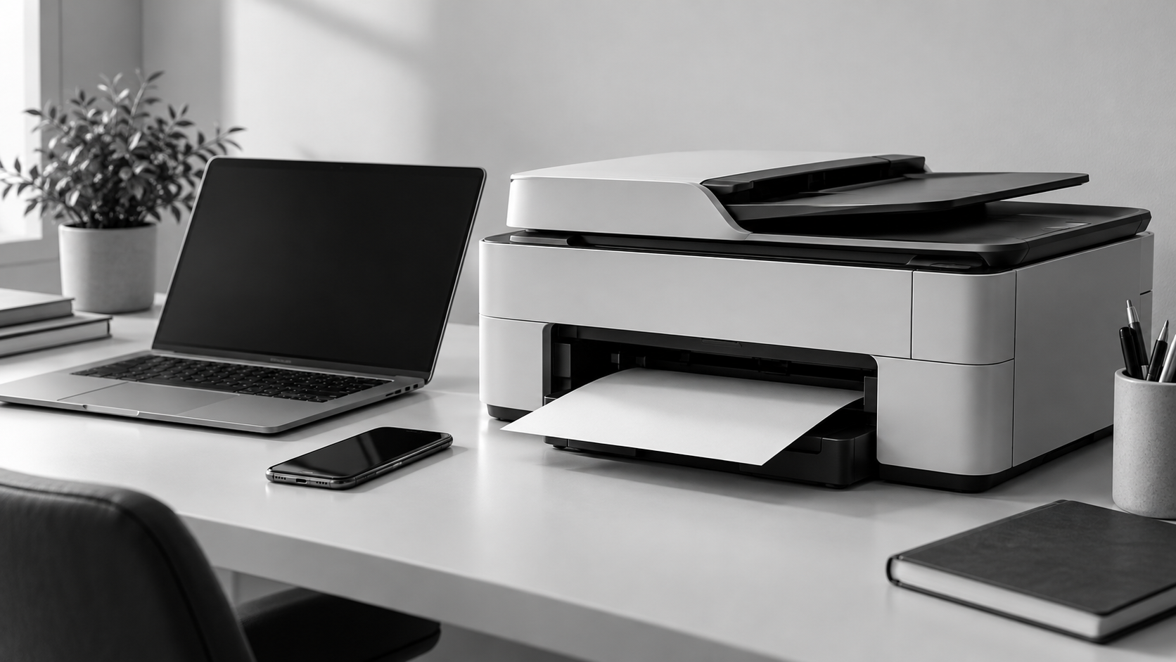 Black and white image of a new printer setup with a laptop, smartphone, tablet and Wi-Fi router on a modern office desk.