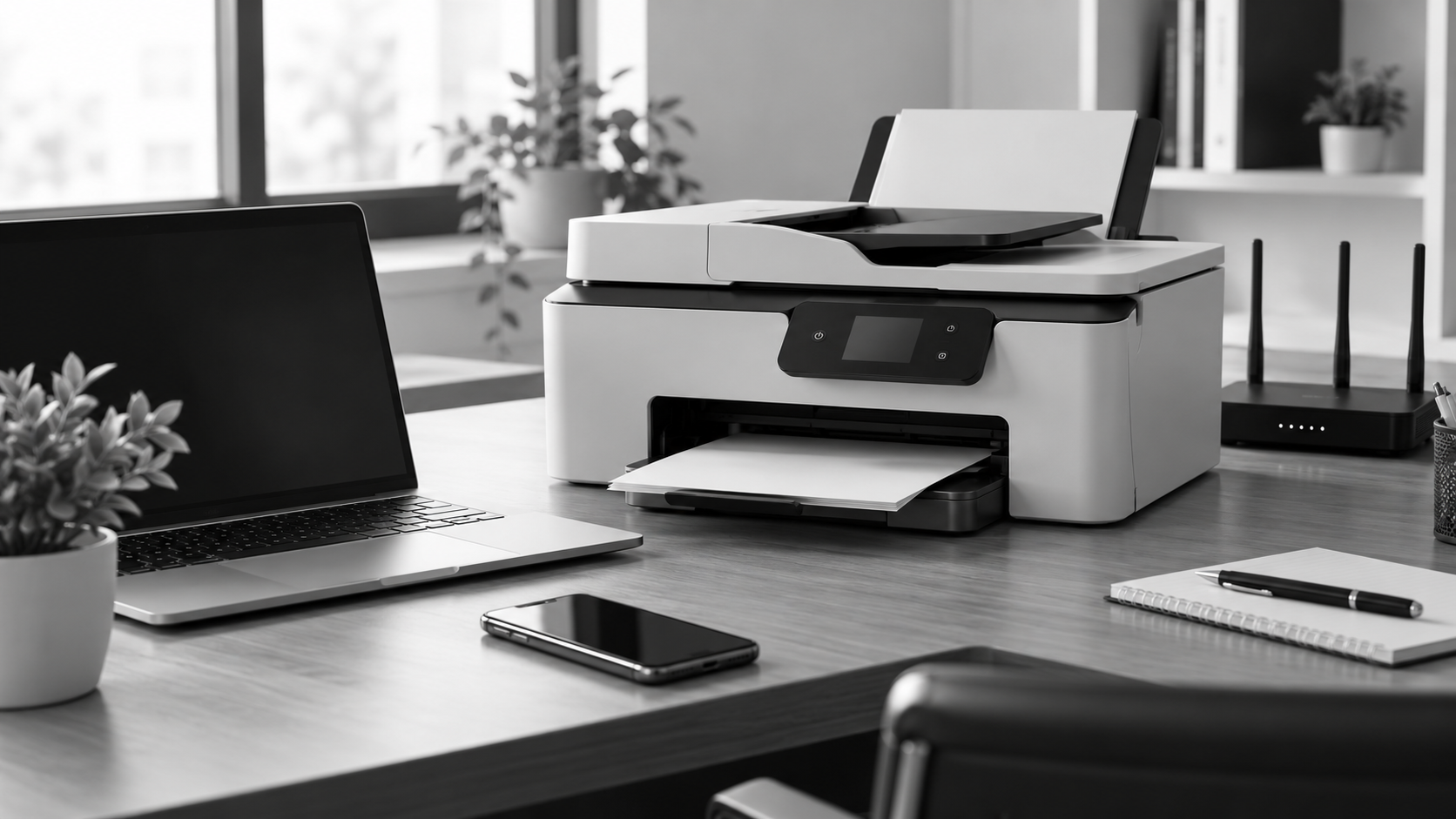 Black and white image of a wireless printer, laptop, smartphone and Wi-Fi router on a modern office desk, illustrating printer Wi-Fi connection and wireless printing setup.